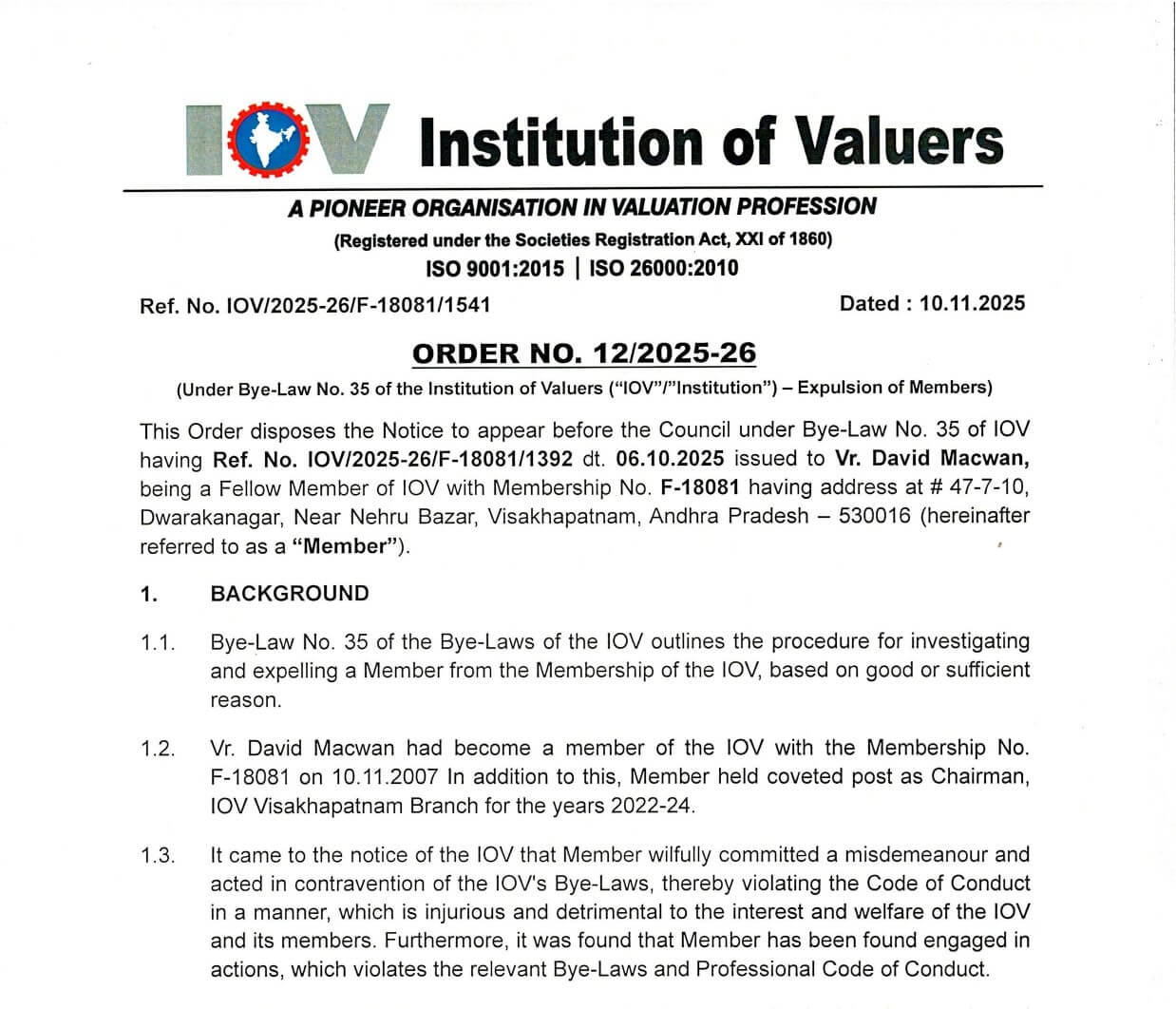 Order for Expulsion of Vr. David Macwan (F-18081)